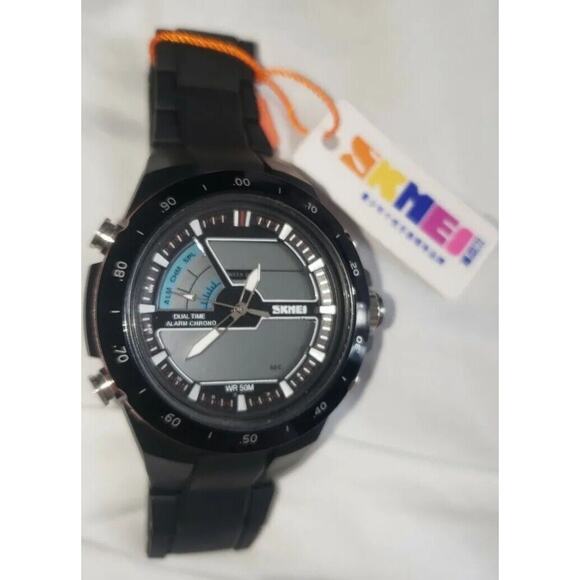 SKMEI Men's Dual Time Alarm Chrono Black Strap Watch 1016New With Tag - Picture 4 of 12